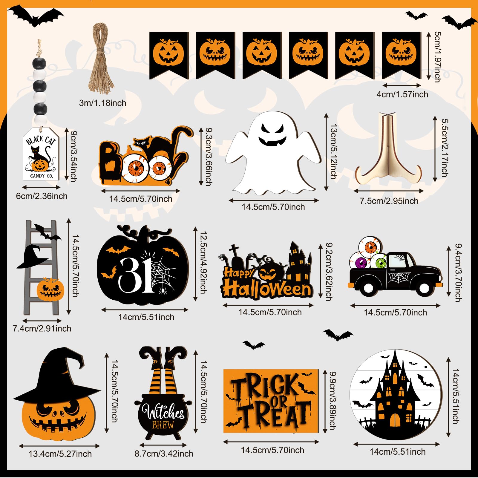 Halloween Tiered Tray Decorations Set (18 Pcs) 🎃 – Rustic Wooden Signs & Plush Gnome for Farmhouse Home Décor