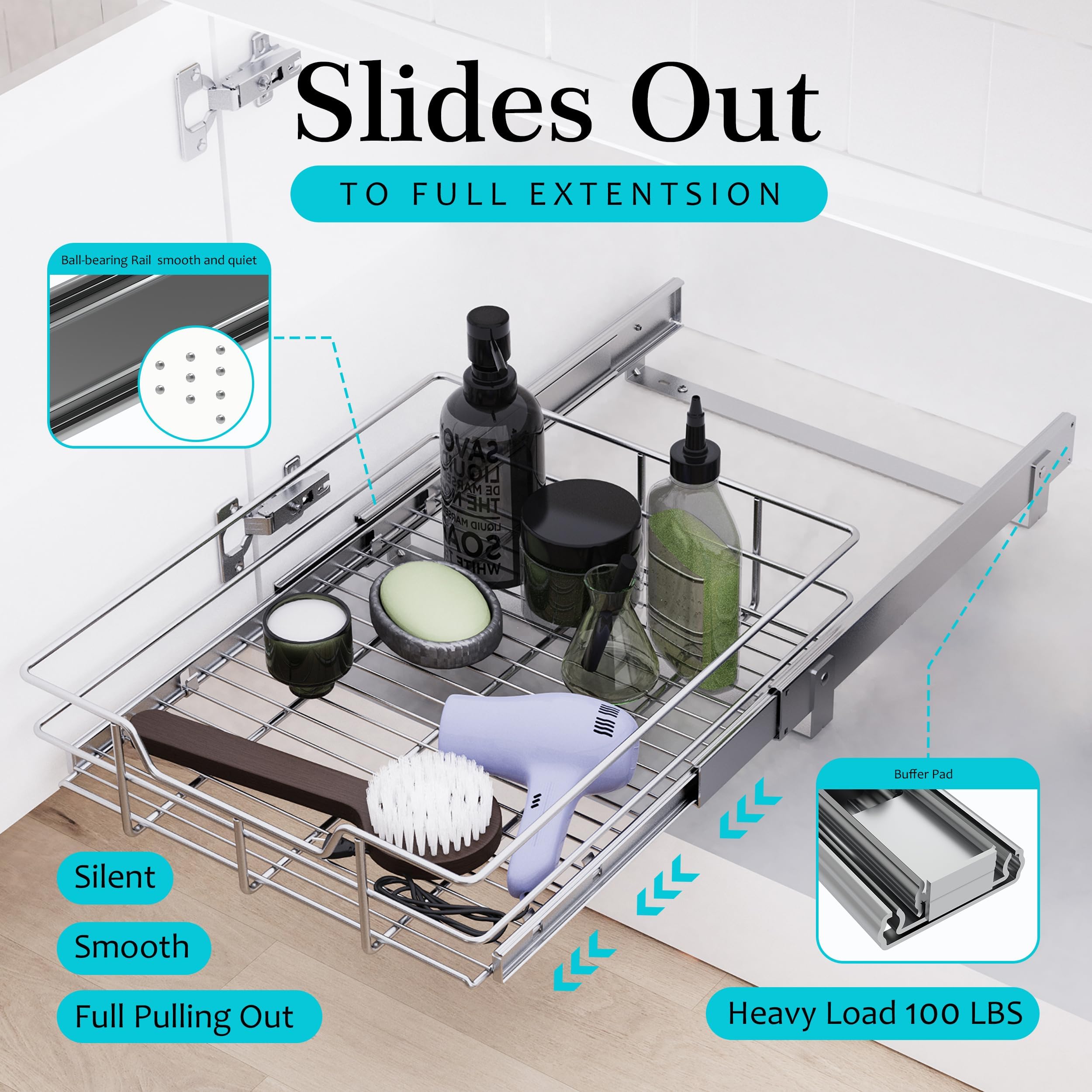 Heavy-Duty Pull-Out Cabinet Organizer – 1 Tier Slide-Out Drawer (Chrome-Plated)