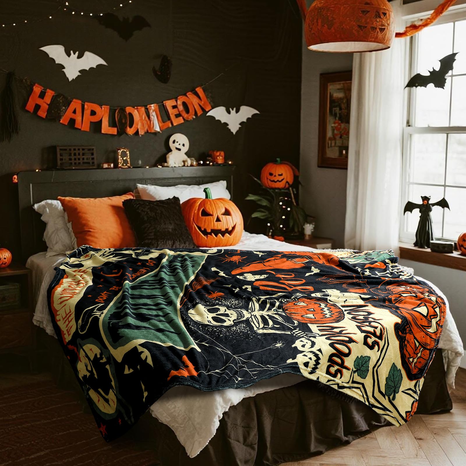 Halloween Ghost Skeleton Flannel Blanket – 50"x60" Soft Warm Throw for Couch, Bed & Travel