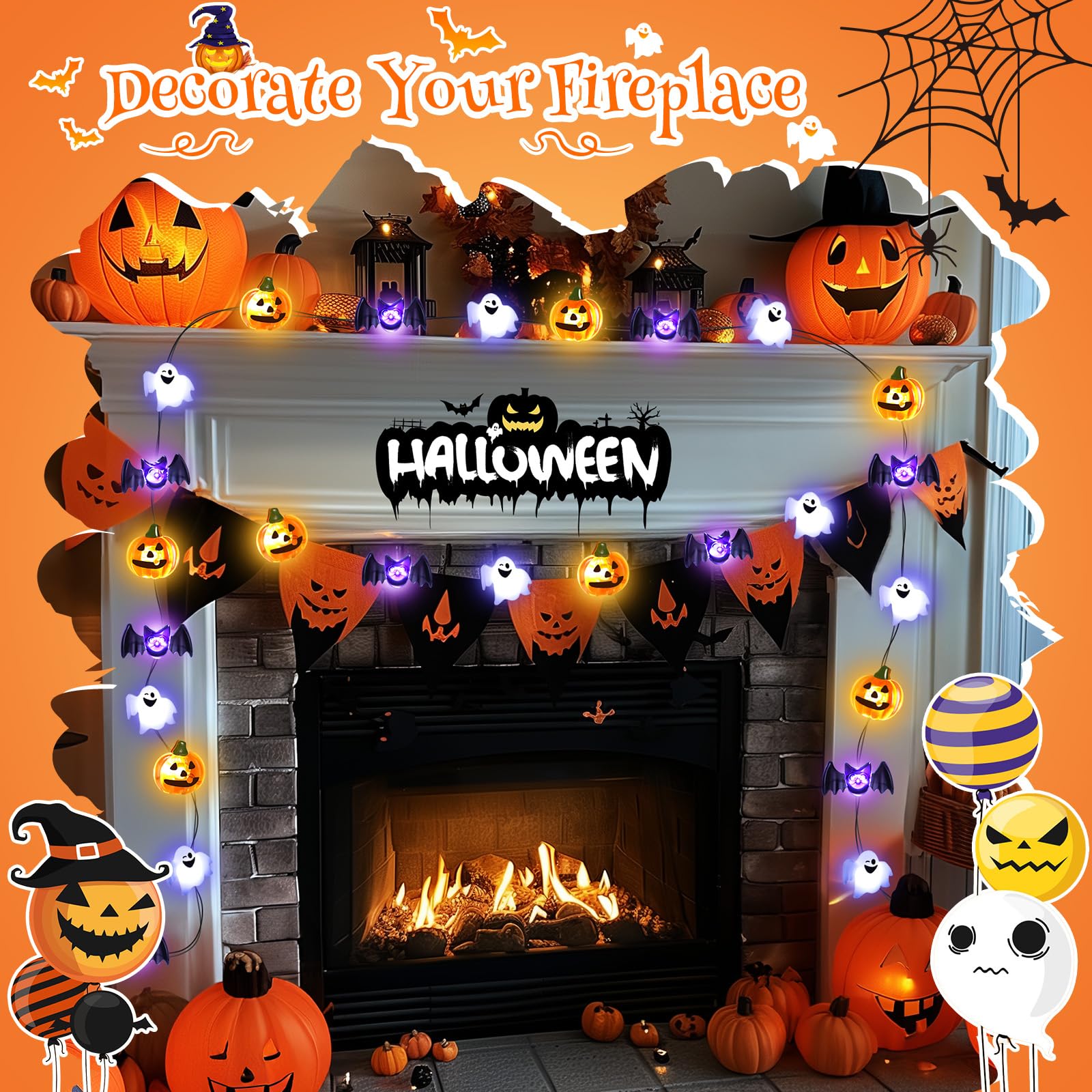 10Ft Halloween String Lights – 30 LED White, Yellow & Purple Pumpkin, Bat & Ghost Lights, Battery Operated