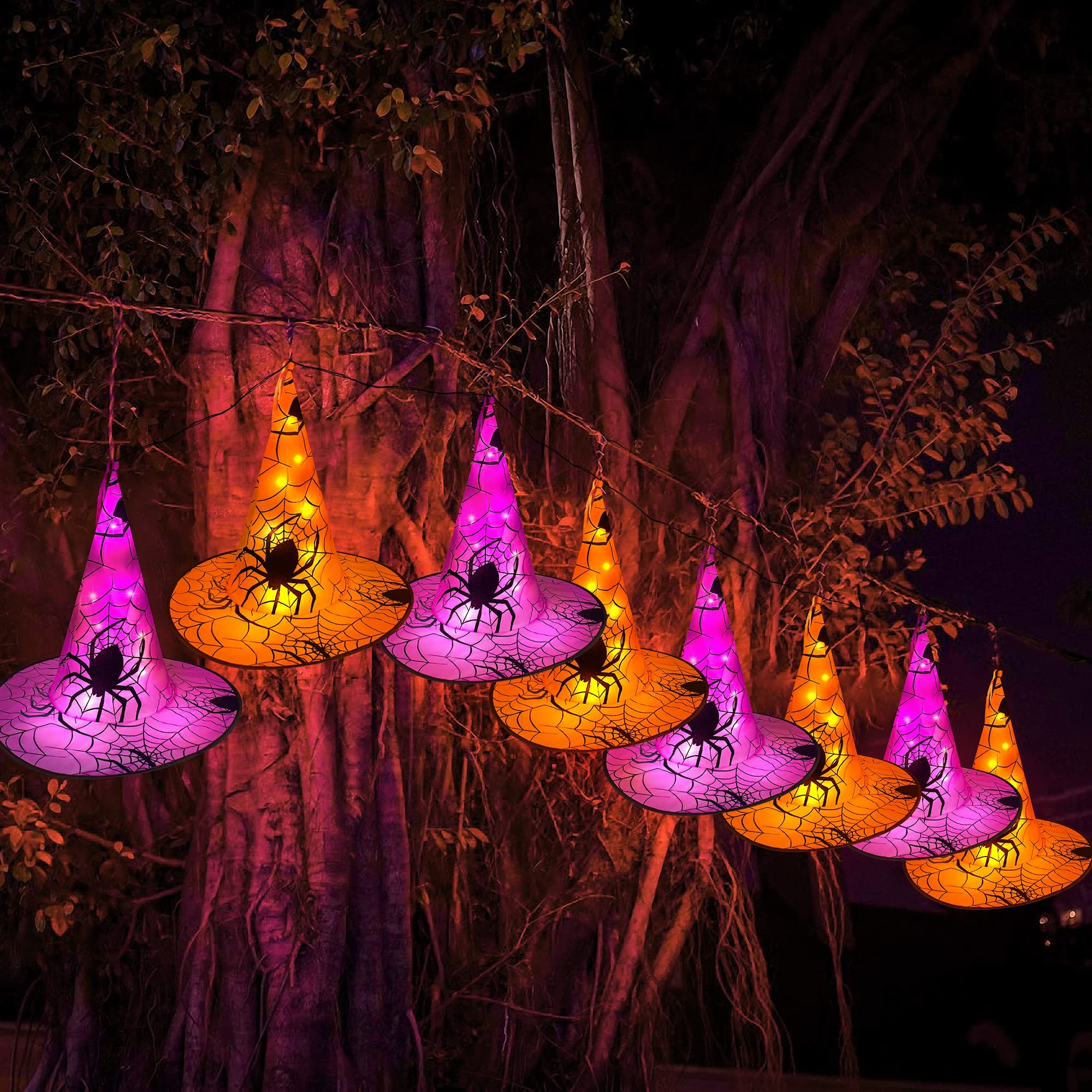 Halloween Hanging Witch Hat Lights – 8-Piece Orange & Purple LED String Lights with Remote & Timer (16ft Total Length)