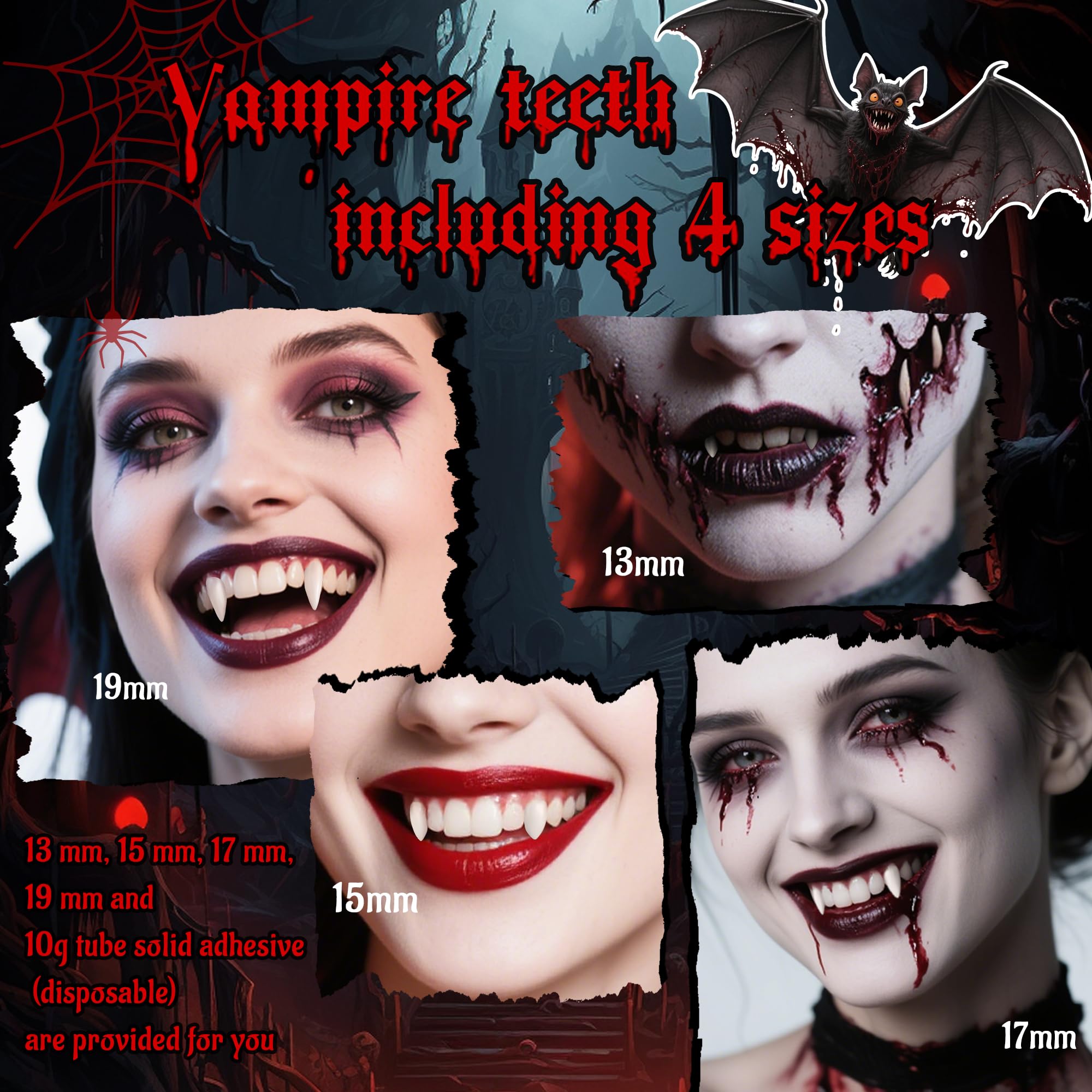 Vampire Fangs Set with Coffin Box – 4 Sizes Realistic White Fake Teeth with Adhesive (13mm–19mm)