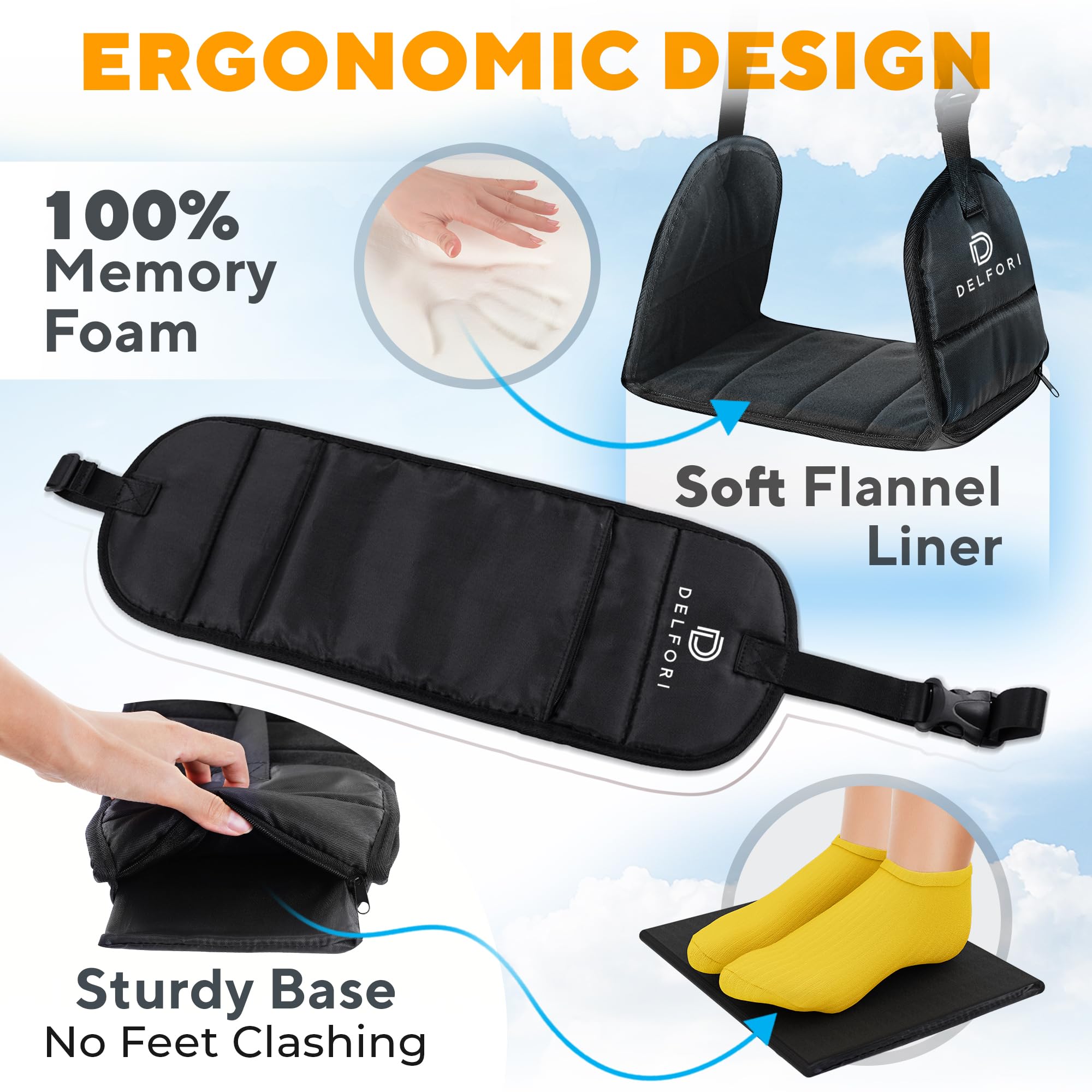 Memory Foam Airplane Foot Rest Hammock – Adjustable Travel Foot Sling with Carry Case for Long Flights & Travel Comfort (Black)