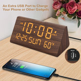 DreamSky Wooden Digital Alarm Clock with Large Display, Date & Temperature – USB Charging Bedside Desk Clock Brown