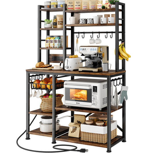 Kitchen Baker’s Rack with Power Outlets – Rustic Brown Microwave Stand, Coffee Bar Station with Shelves, Hooks & Basket