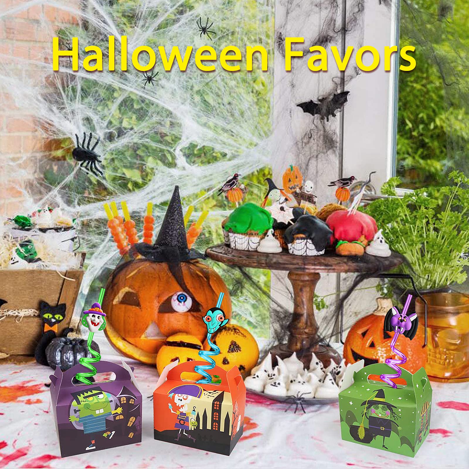 24PCS Halloween Curly Straws – Reusable Multicolor Party Straws with Bats, Ghosts, Cats, Pumpkin, Witch & Spider Patterns