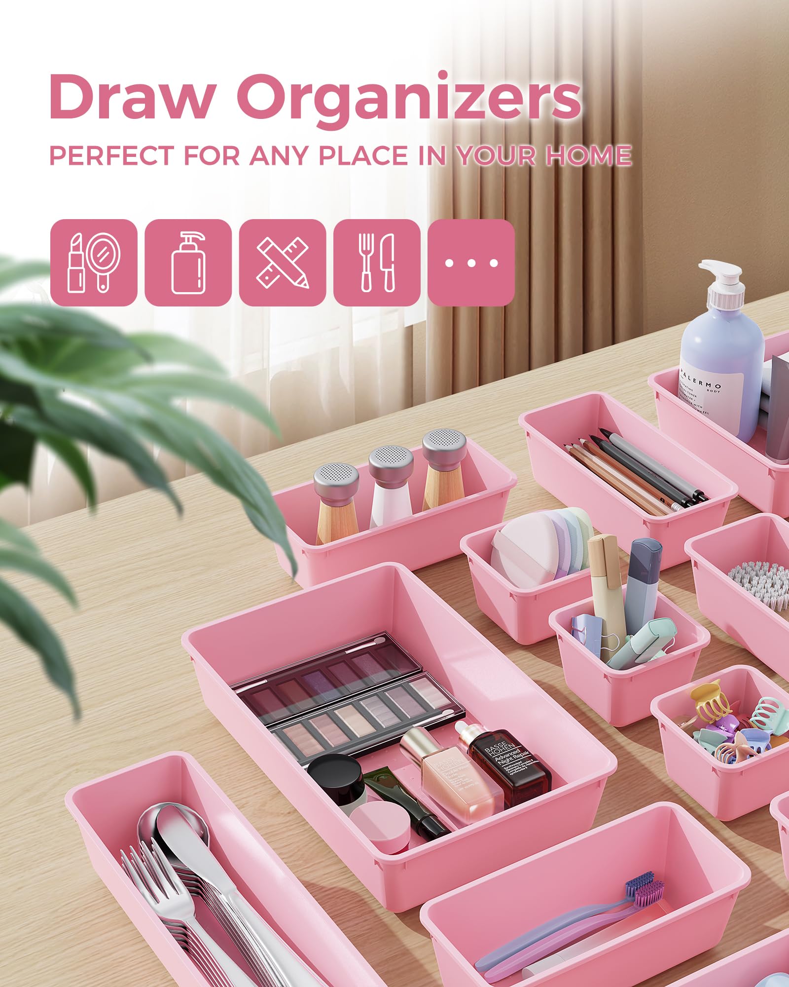 25-Piece Pink Drawer Organizer Set – Stackable Plastic Storage Trays for Makeup, Jewelry, Office & Kitchen Drawers