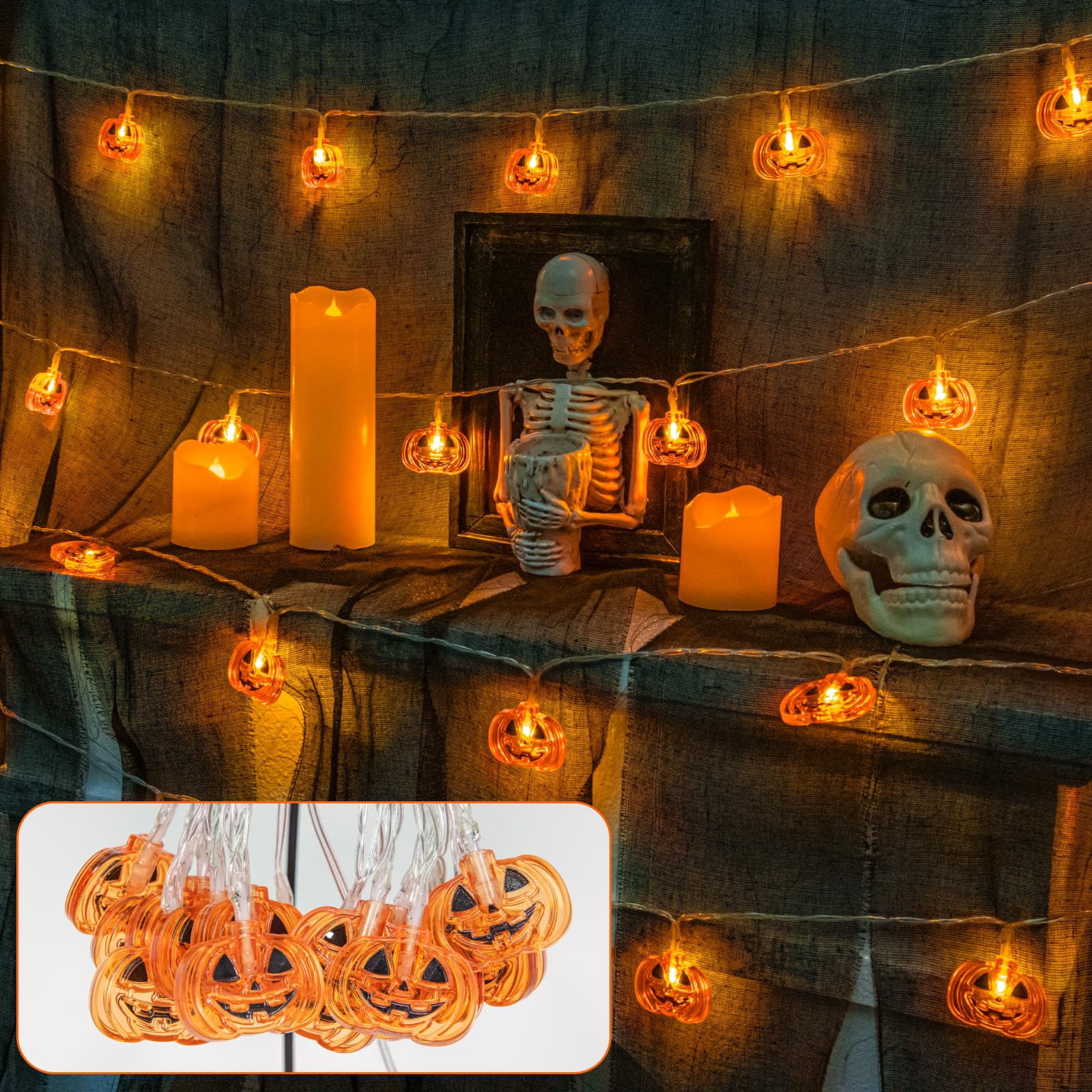 10FT Battery-Powered Pumpkin Halloween String Lights – 20 LED Jack-O’-Lanterns with 8 Modes & Timer (IP65 Waterproof, Indoor/Outdoor)