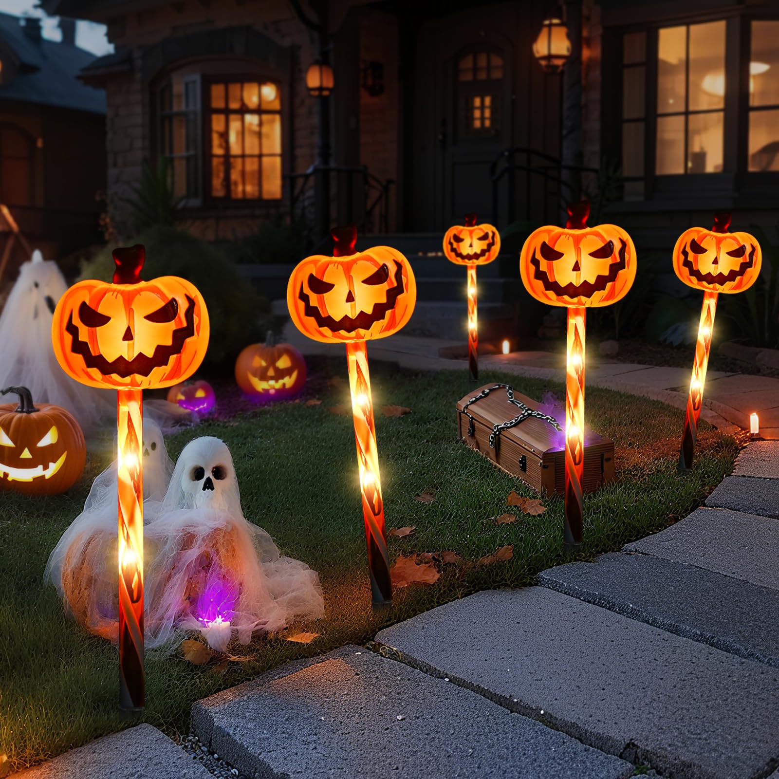 LOLStar Halloween Pathway Lights – 5 Jack-O’-Lantern Pumpkin Stakes with 8 Flashing Modes, Timer & Waterproof Battery Box (Orange, 8.8ft Strand)