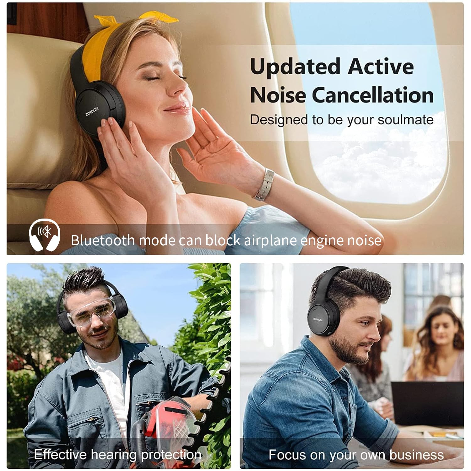 RUNOLIM Active Noise Cancelling Wireless Headphones with 70H Playtime & Hi-Fi Sound – Foldable Bluetooth Over-Ear Headset Black