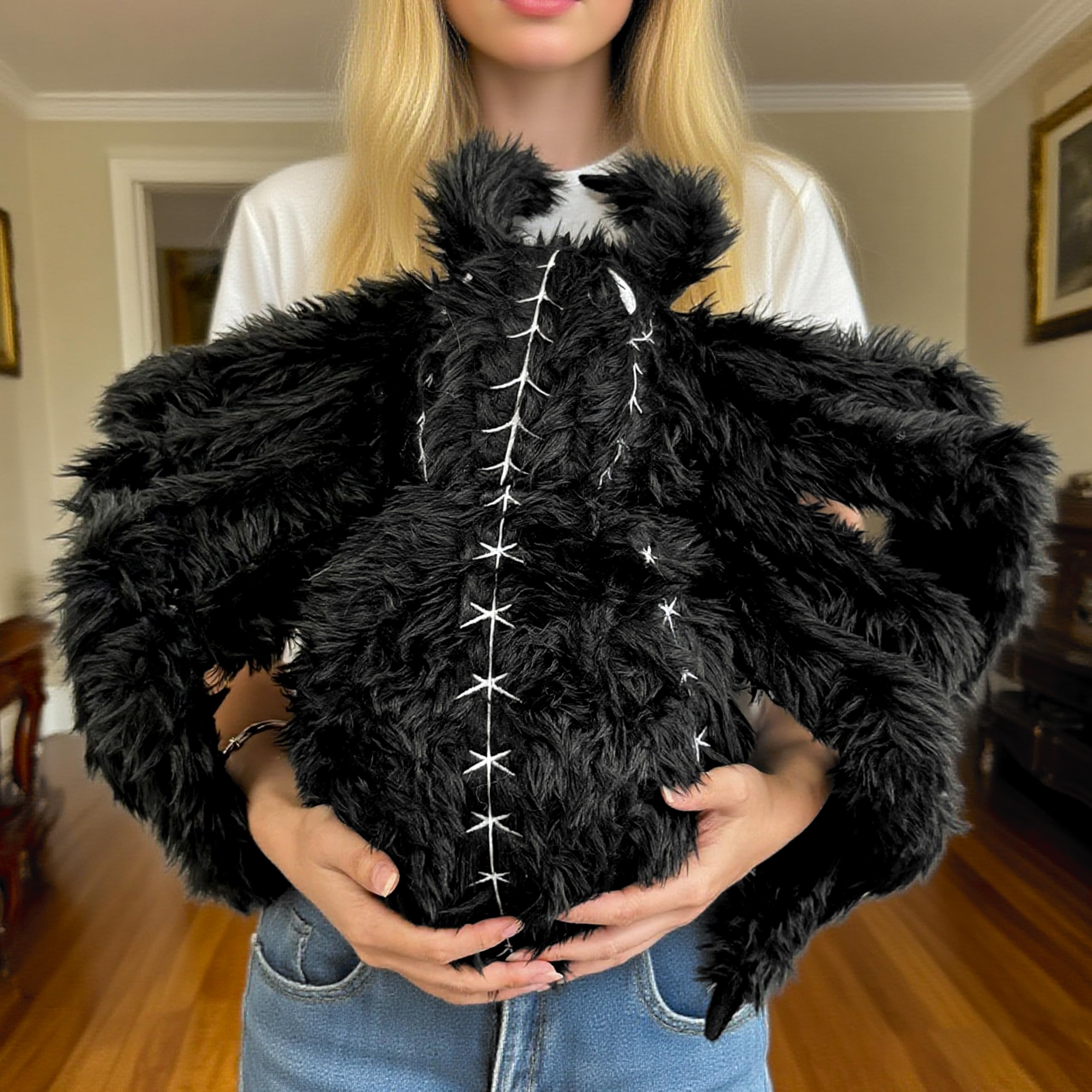 Oversized Black Spider Plush – 34" Halloween Stuffed Decoration with Furry Legs & Embroidered Eyes – Giant Soft Halloween Prop
