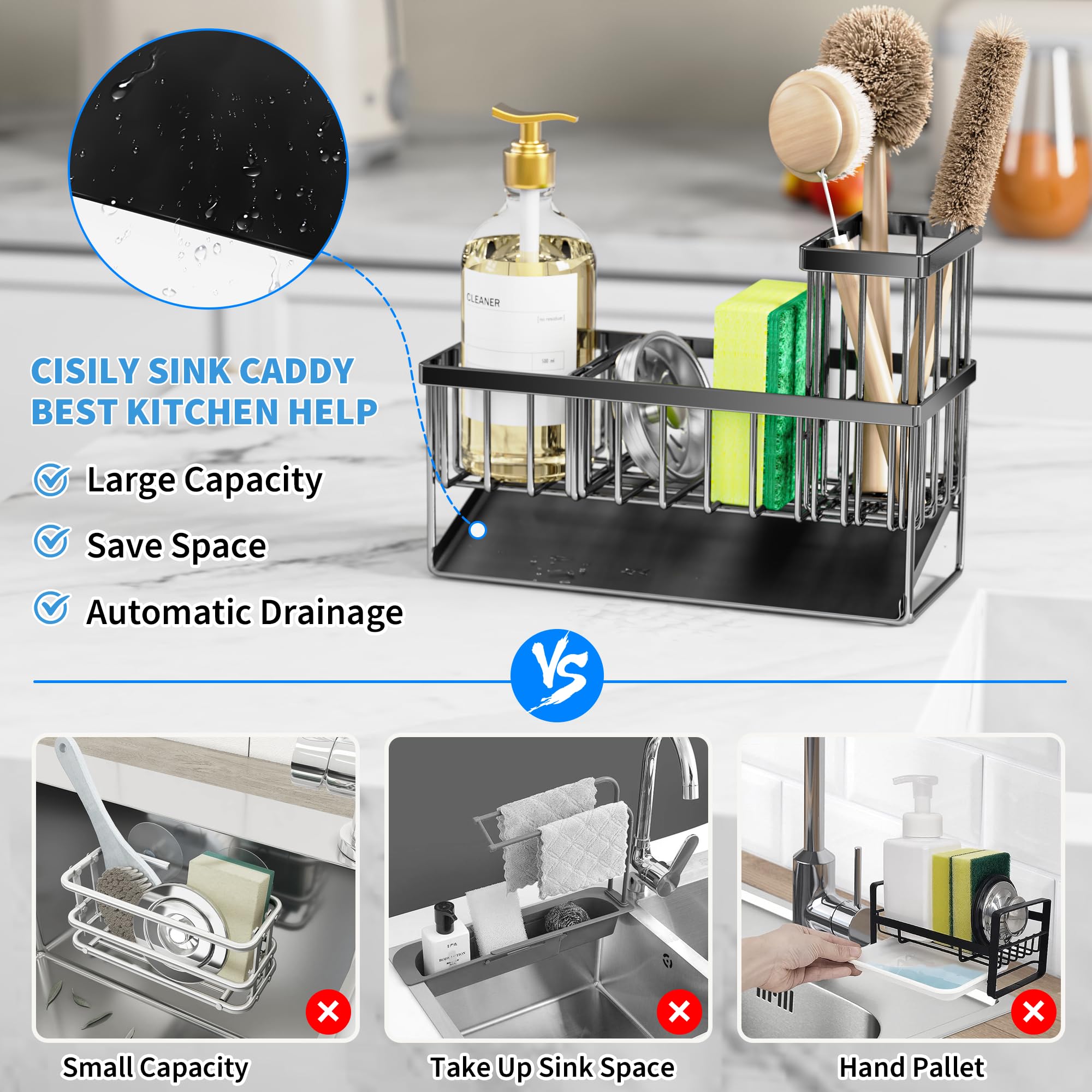 Stainless Steel Kitchen Sink Organizer with Automatic Drainage – 3-Compartment Sponge Holder