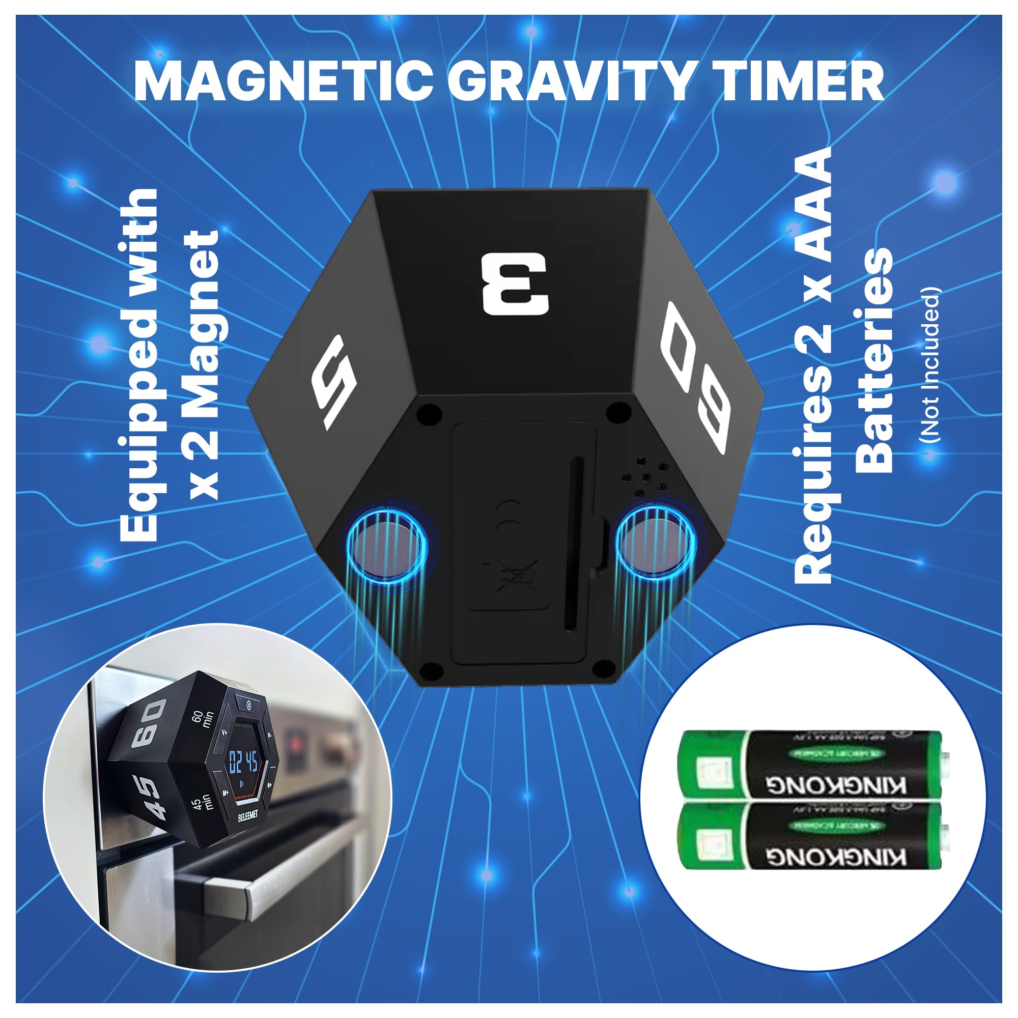 BELEEMET Magnetic Hexagon Pomodoro Timer with Gravity Flip, Custom Intervals & Adjustable Sound – Black