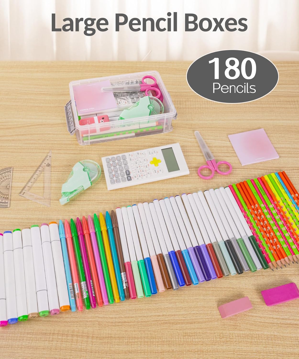 Sooez 6 Pack Extra Large Pencil Box, Plastic Hard Pencil Case Crayon Box Bulk, Clear Marker Organizer Plastic Containers with Lid, Stackable Storage Boxes for Art Craft, Back to School Supplies, Multi