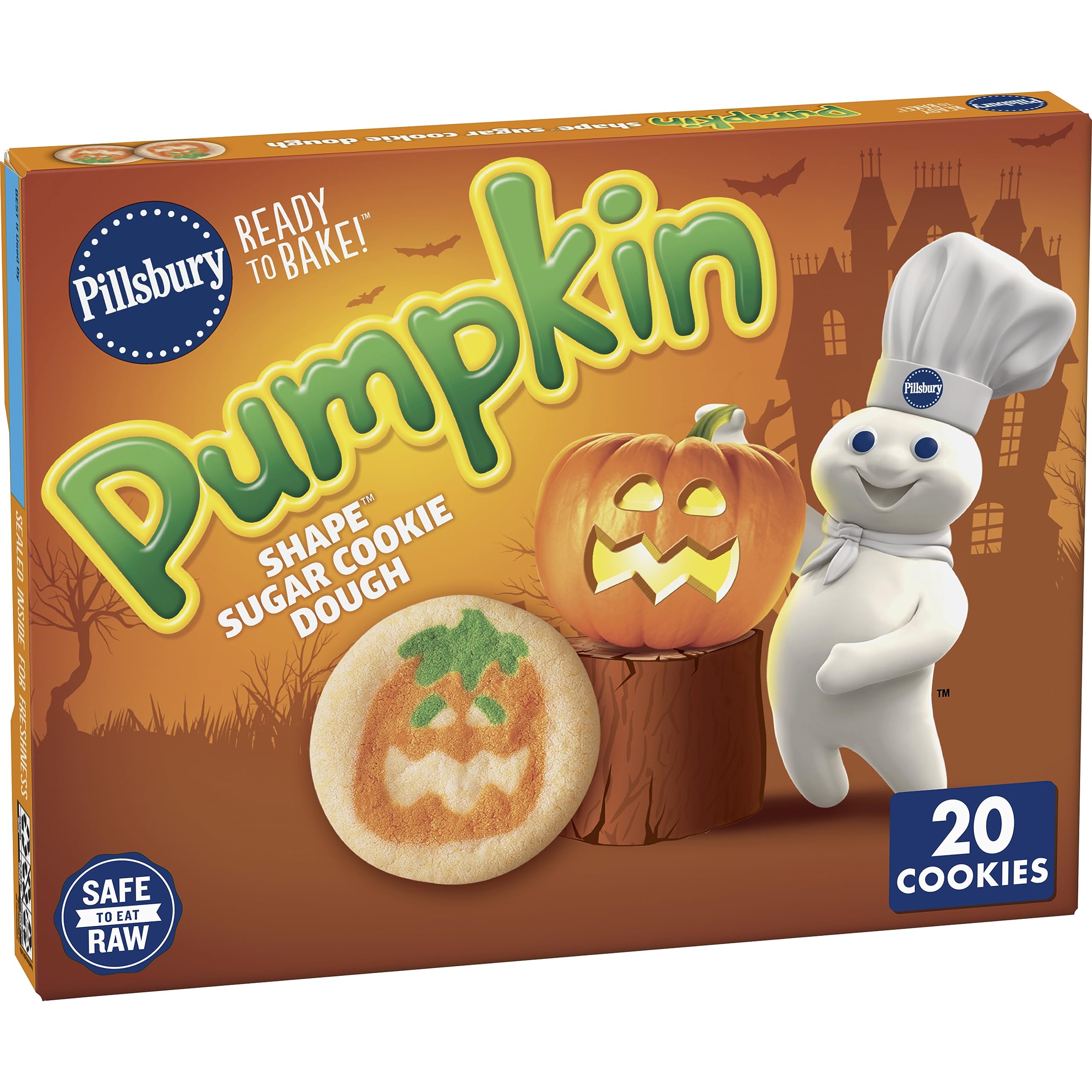 Pillsbury Ready-to-Bake Pumpkin Shape Sugar Cookies – Safe-to-Eat Raw Halloween Dough (9.1 oz / 20 Cookies)