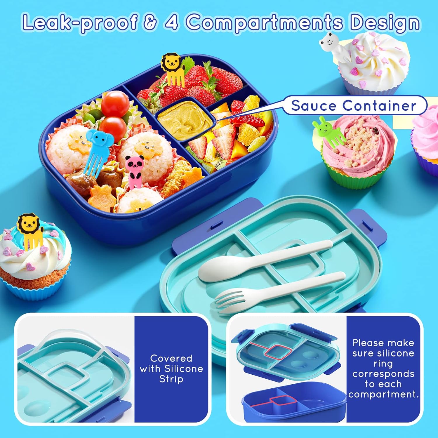Blue 44 oz Kids Bento Box with Utensils and Food Picks