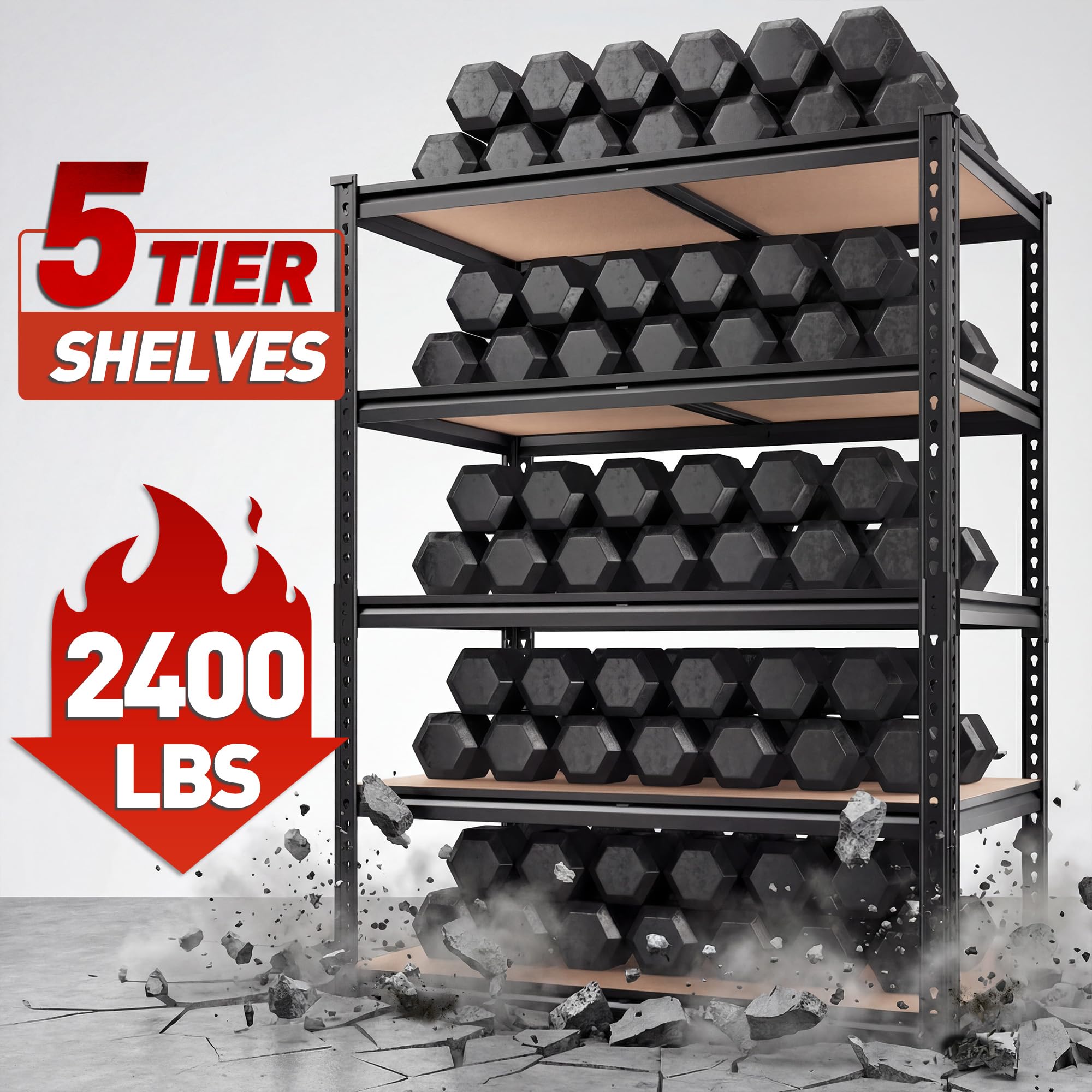 REIBII 5-Tier Heavy Duty Metal Storage Shelves 2-Pack – 2400 lbs Adjustable Garage & Warehouse Shelving System
