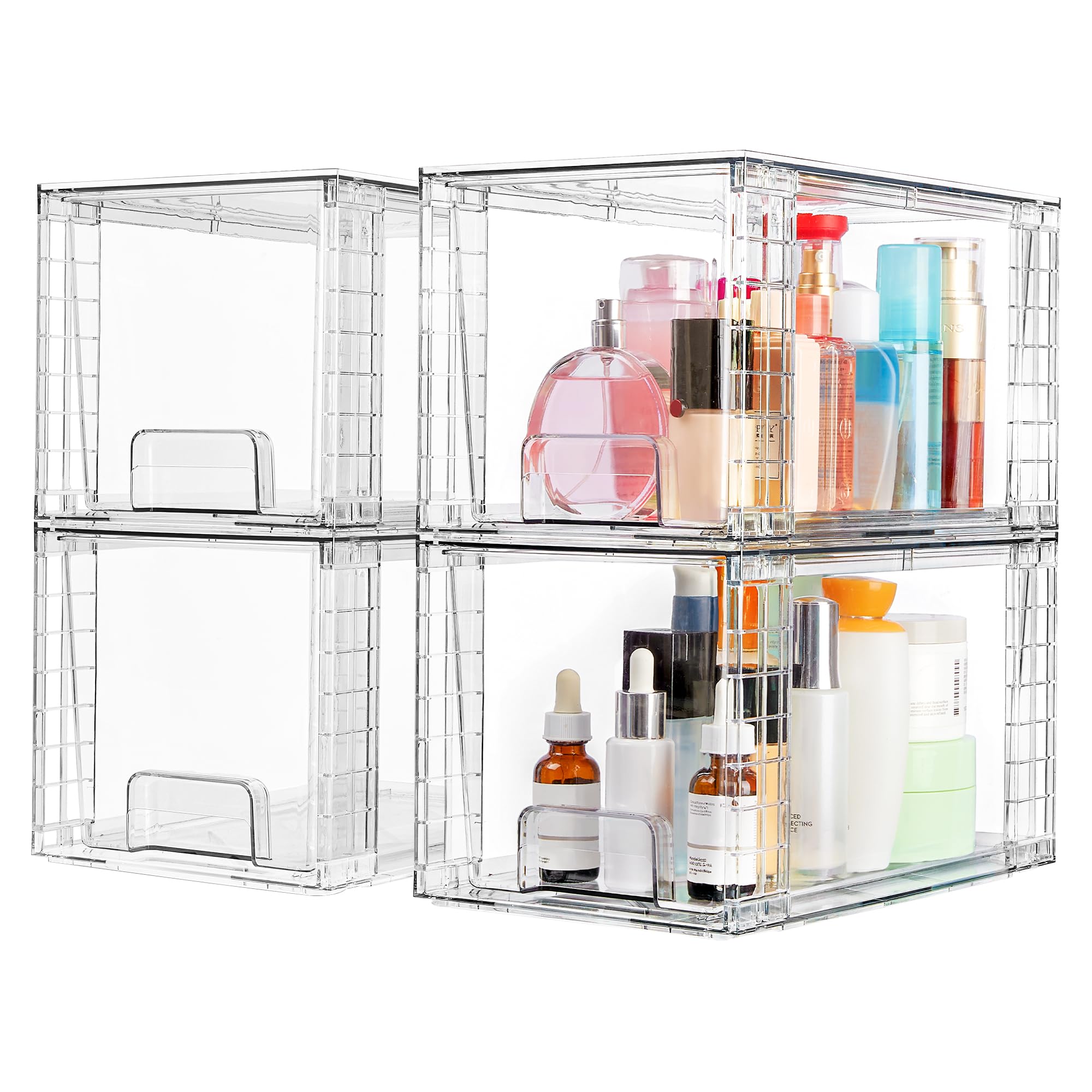 Clear Stackable Acrylic Drawer Organizer (4-Pack) – Pull-Out Storage Bins for Pantry, Bathroom & Cabinets