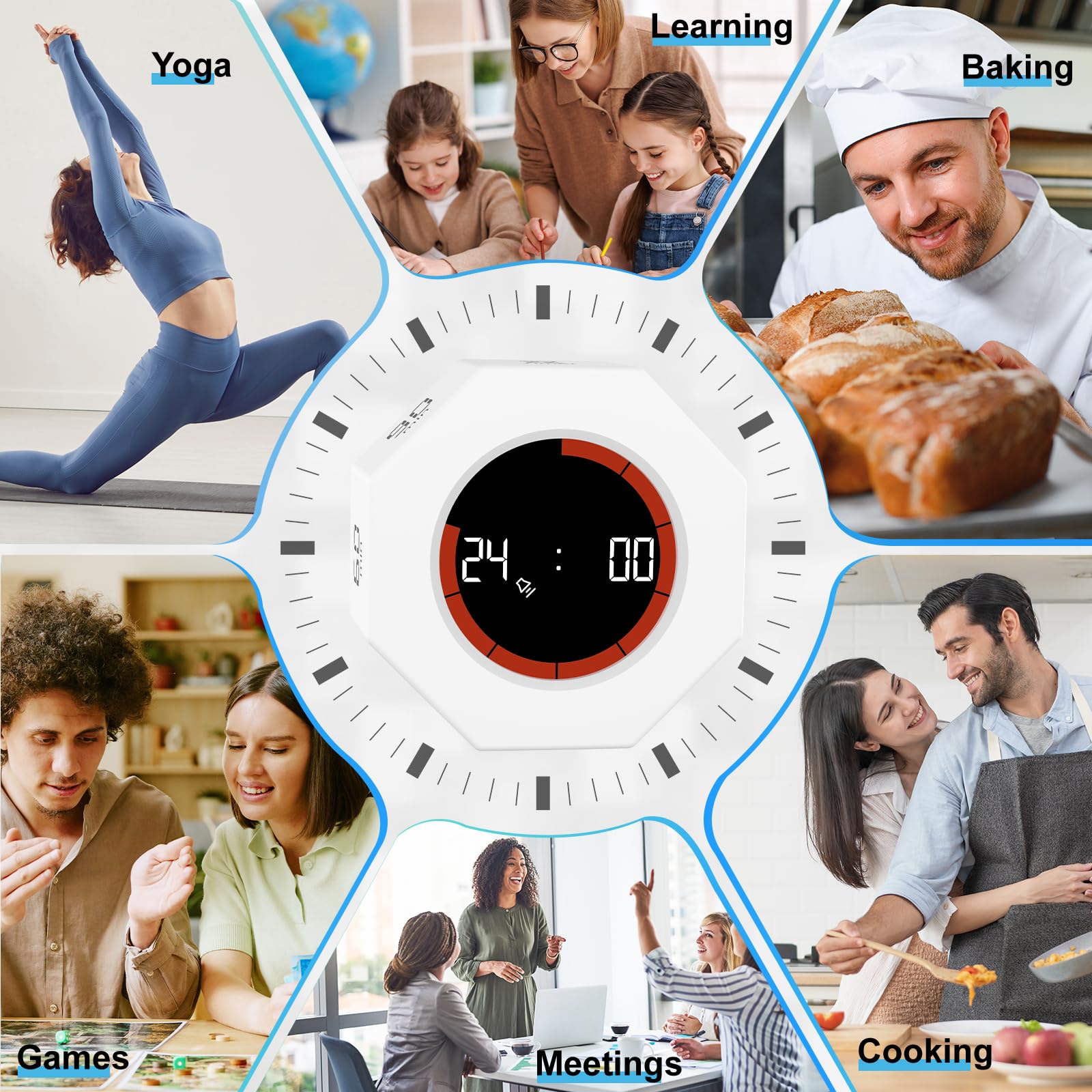 GUDOQI Octagon Pomodoro Timer with Gravity Flip, Visual Progress Bar & Adjustable Sound Alerts – White