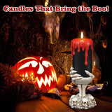 Halloween Blood Dripping Black LED Candles with Skull Hand Holder – Flameless Pillar Candles with Timer, Gothic Horror Tabletop Decoration