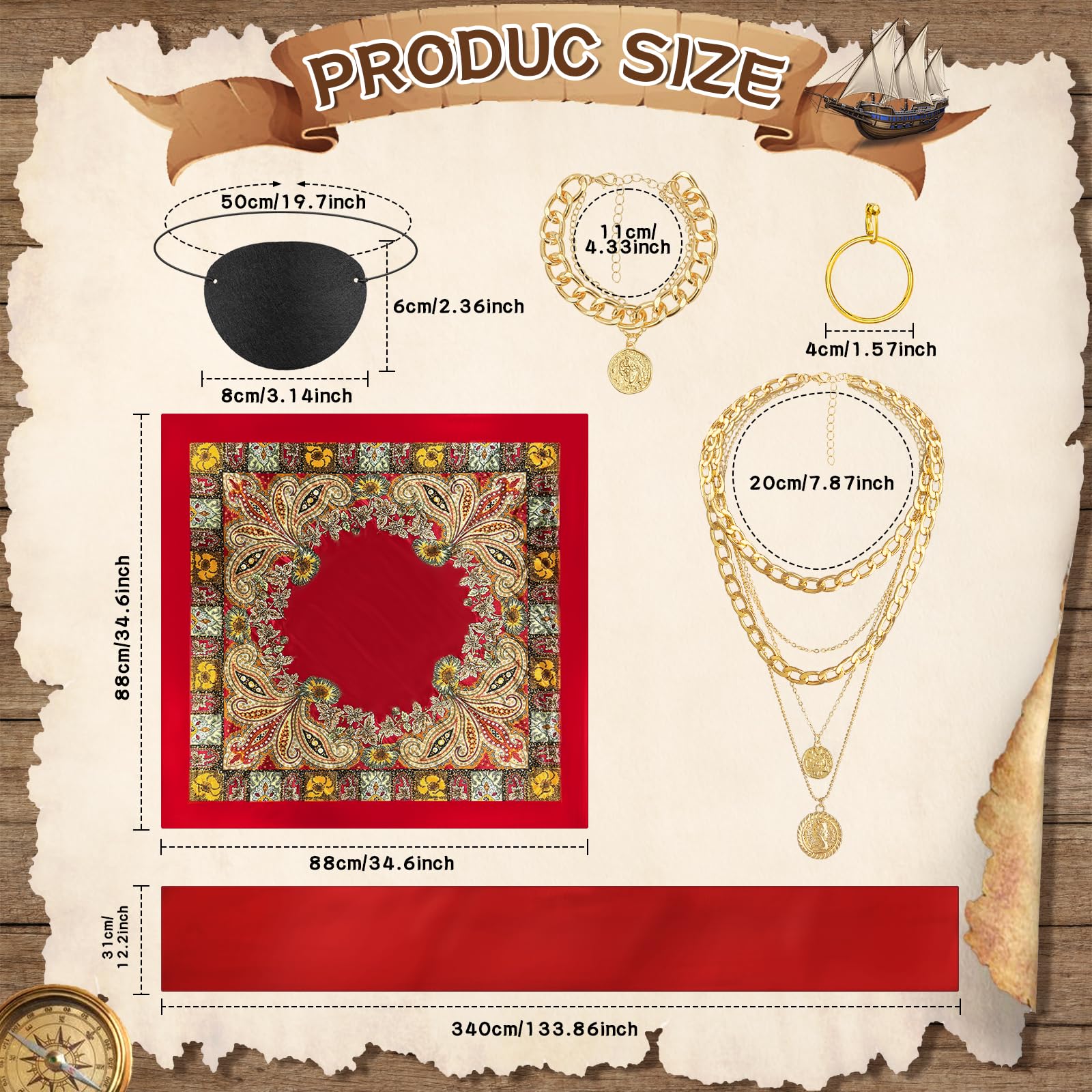 Red Pirate Accessory Set for Women – Bandana, Sash, Necklace, Bracelet, Eye Mask & Earring Kit