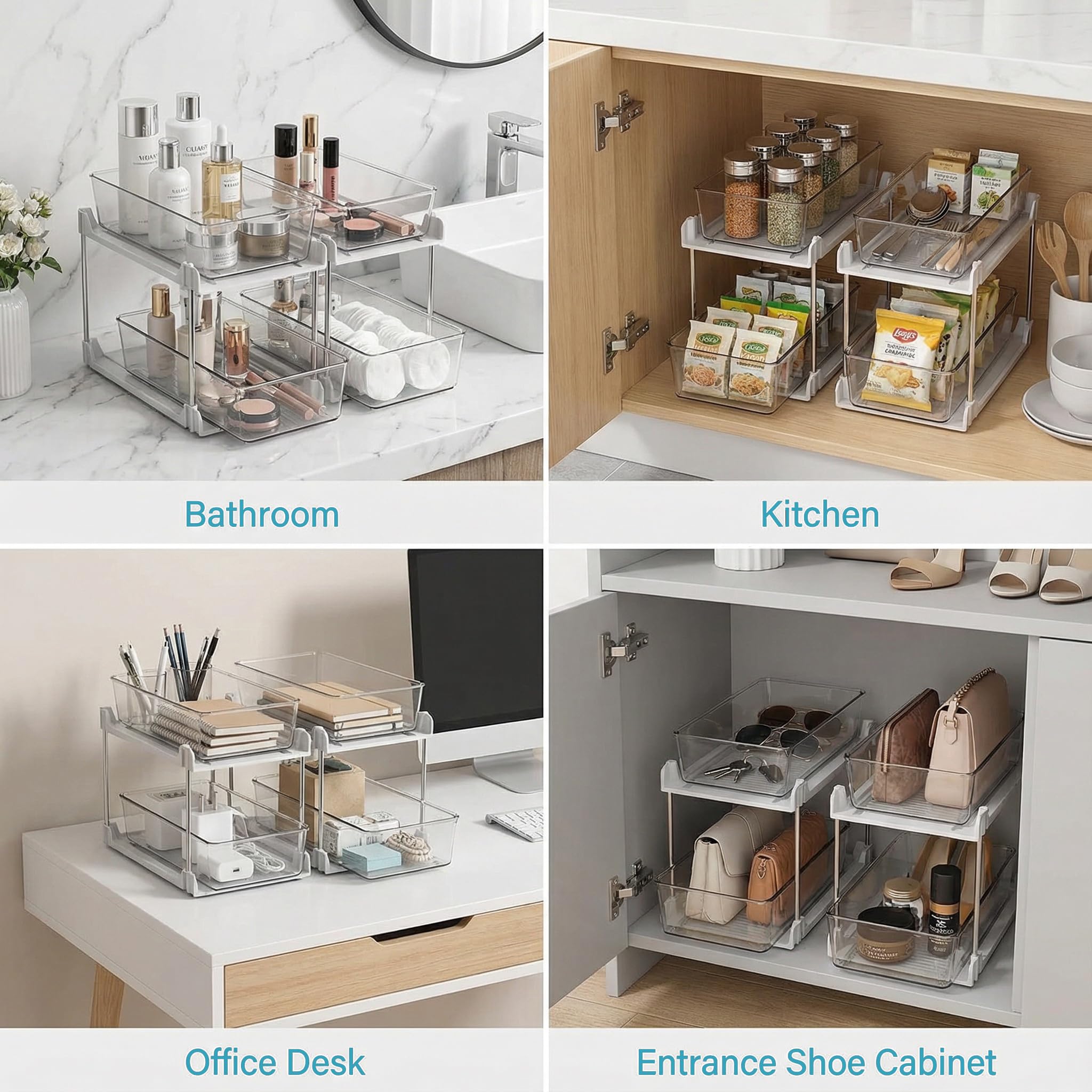 AIYULONG White 2-Tier Pull-Out Bathroom Organizer Set – Slide-Out Drawers with Anti-Sway Tracks for Under Sink & Countertop (2 Pack)