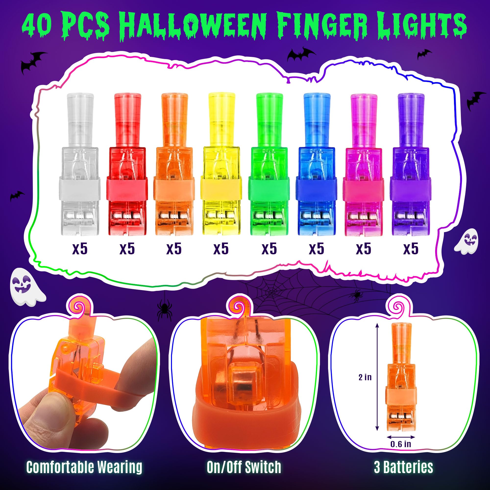 40-Pack Halloween Finger Projection Light Toys – Pumpkin, Ghost & Bat Designs (Party Favors & Trick-or-Treat Gifts)