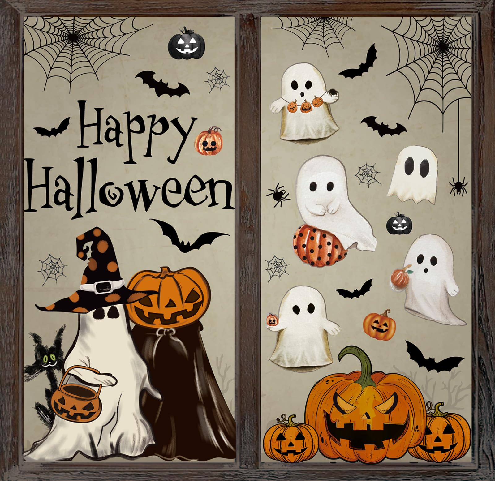 Vintage Halloween Window Clings – 6 Double-Sided PVC Sheets with Ghosts, Pumpkins, Cats & Bats
