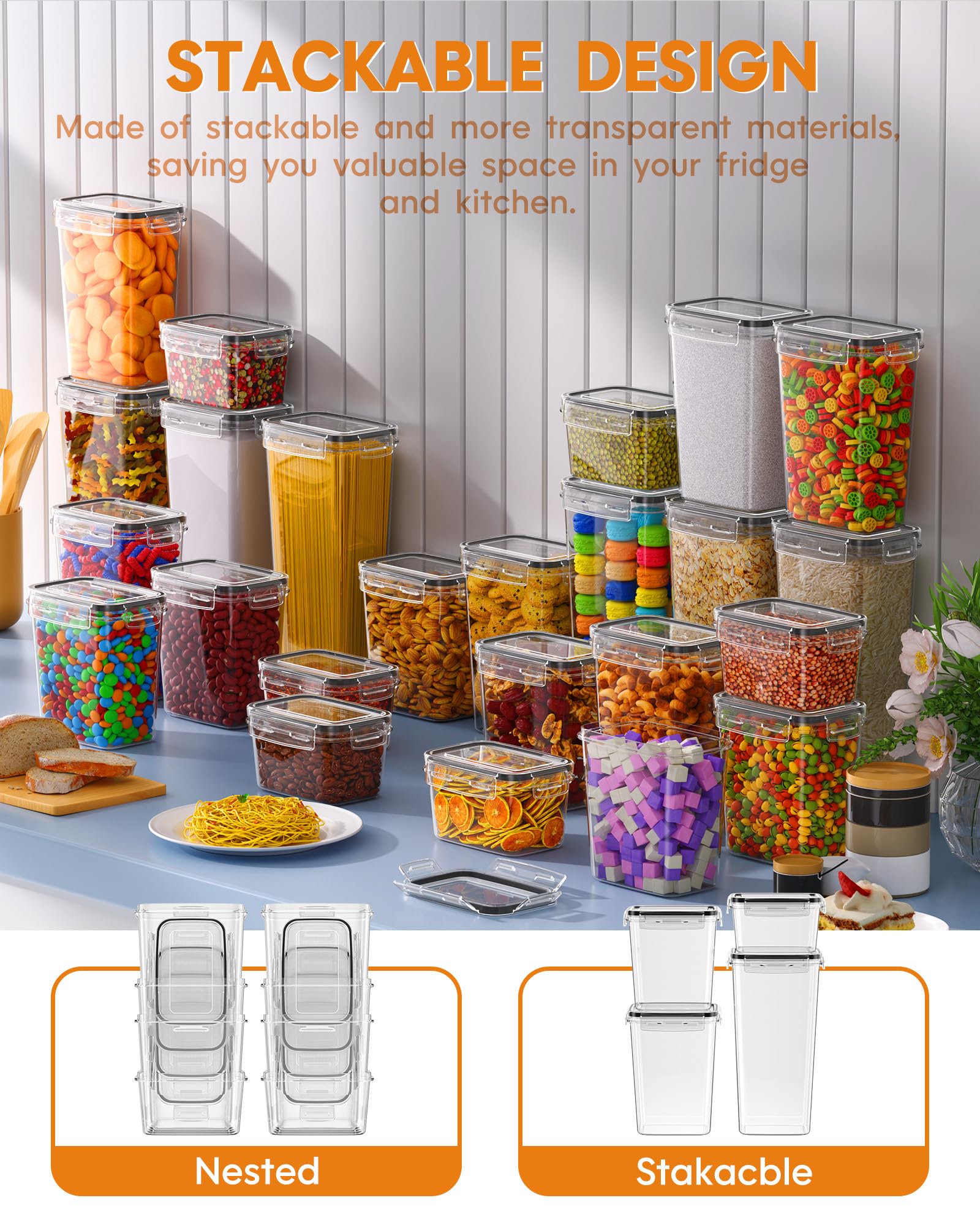 Airtight Food Storage Containers Set – 24 Piece Stackable Pantry Canisters with Lids, Labels & Marker