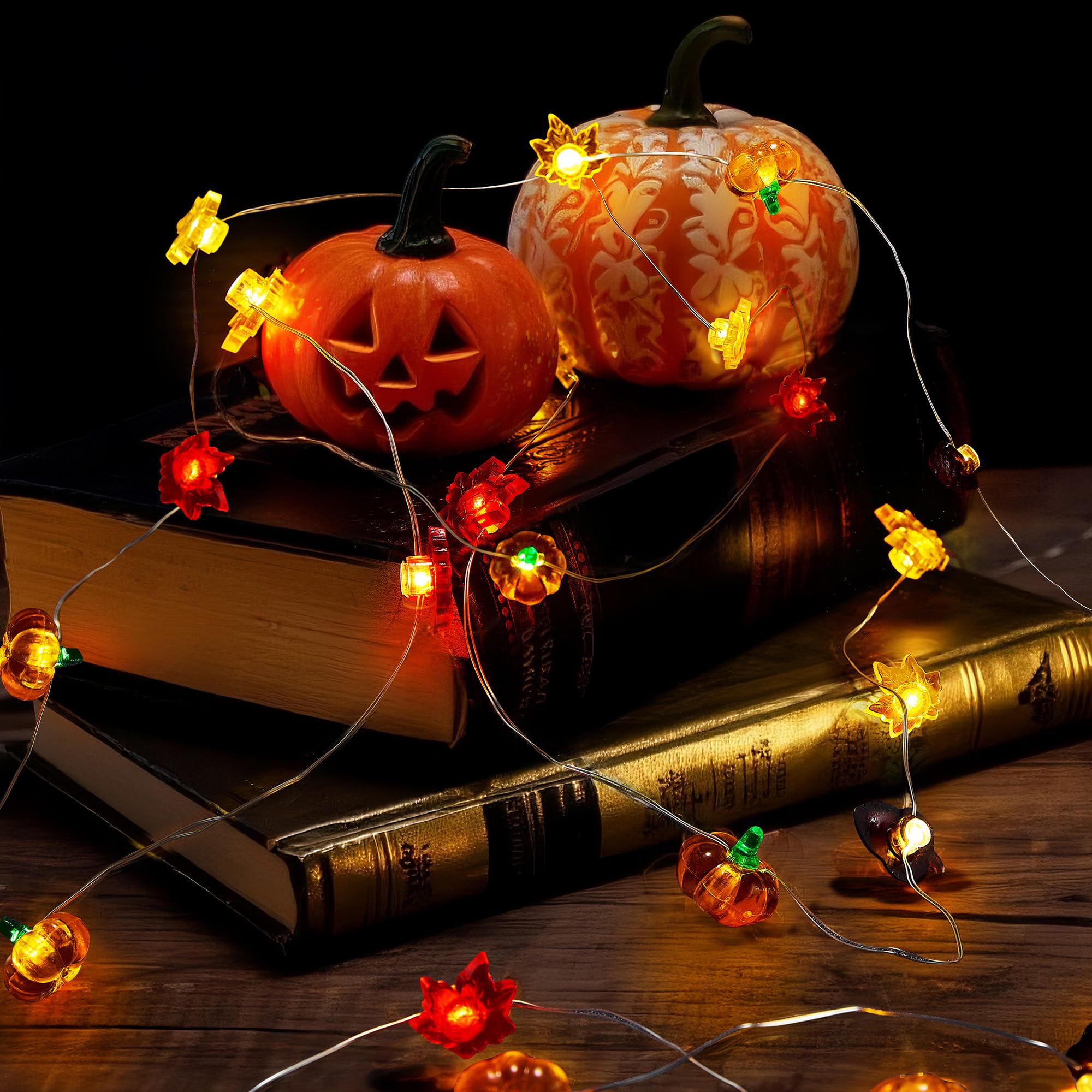 Autumn Harvest String Lights – 10 Pumpkins, 10 Acorns & 20 Maple Leaves on Copper Wire, Battery Operated with Timer (Orange)