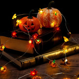 Autumn Harvest String Lights – 10 Pumpkins, 10 Acorns & 20 Maple Leaves on Copper Wire, Battery Operated with Timer (Orange)