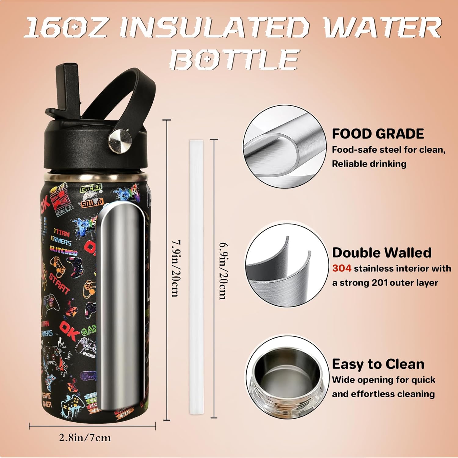 16 oz Kids Insulated Water Bottle with Straw – Leakproof Stainless Steel Gaming School Bottle with Carry Handle