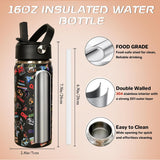 16 oz Kids Insulated Water Bottle with Straw – Leakproof Stainless Steel Gaming School Bottle with Carry Handle