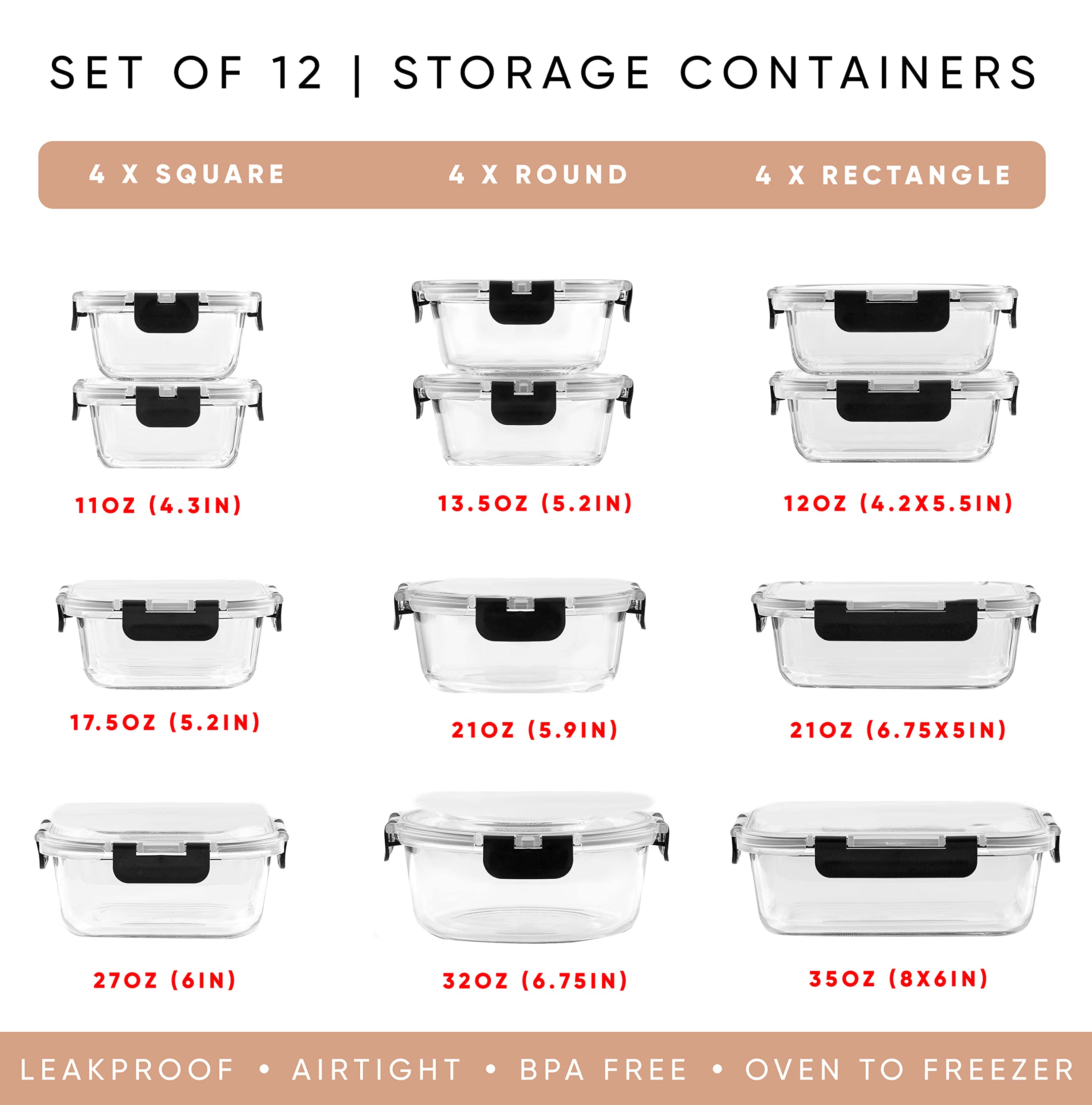 Glass Food Storage Containers with Lids – 12-Piece Borosilicate Meal Prep Set (Black Lids)