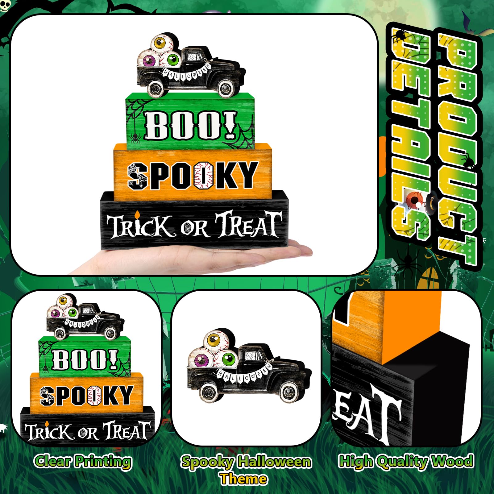 Eyeball Truck Halloween Wooden Tiered Tray Decor Set – Rustic “BOO” & “Trick or Treat” Blocks for Spooky Displays