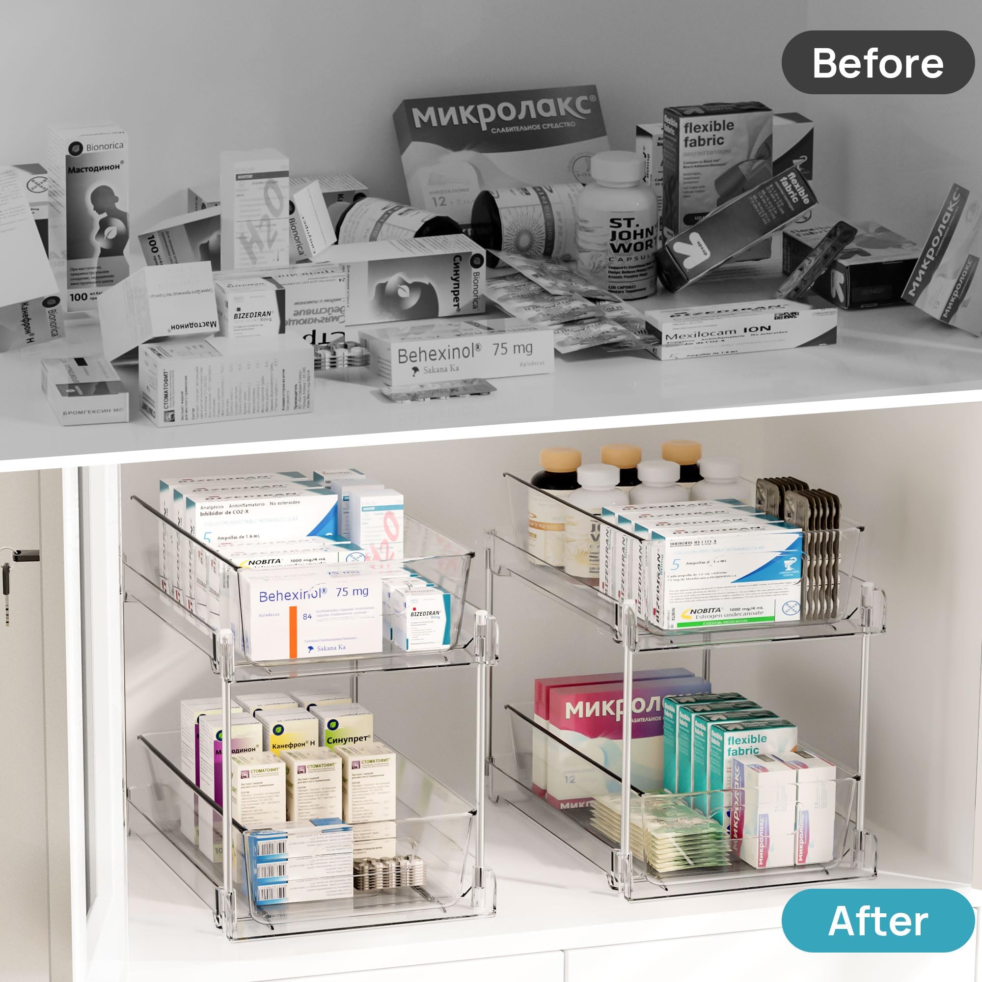 2-Tier Under Sink Organizer with Slide-Out Drawers – Clear Bathroom & Kitchen Storage Rack with Handles