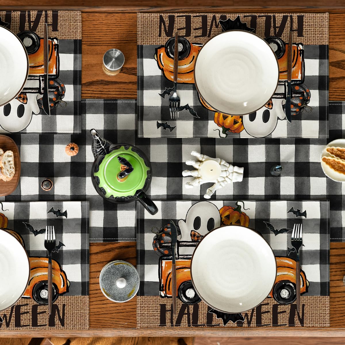 Artoid Mode Halloween Placemats Set of 4 – Black & Beige Polyester Table Mats for Dining & Party Decor