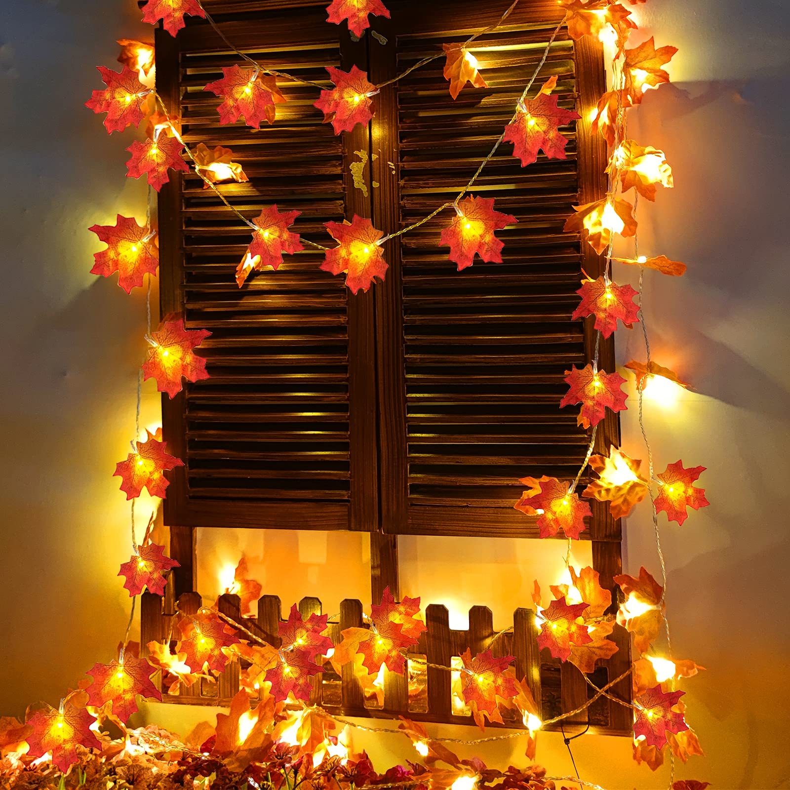 Fall Maple Leaf String Lights – 2 Pack 20FT (40 LED) Battery Operated Garland for Halloween & Thanksgiving Decor (Orange/Yellow, Waterproof)
