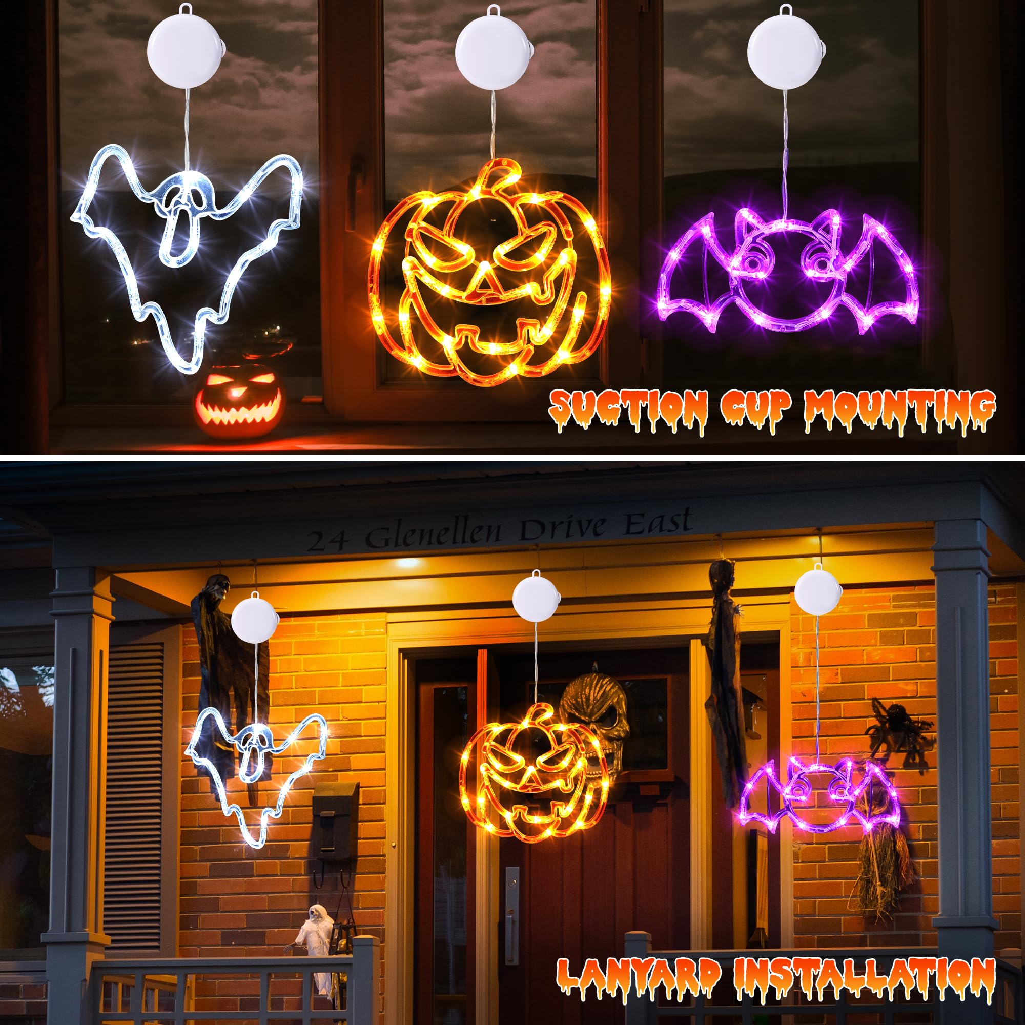 Halloween Window Lights Set – Battery-Operated LED Bat, Pumpkin & Ghost Designs with Timer & 2 Lighting Modes (Indoor/Outdoor)