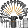 Umite Chef 34-Piece Silicone Kitchen Utensil Set with Wooden Handles – Heat Resistant Cooking Tools with Holder for Nonstick Cookware (Dark Gray)