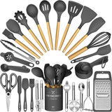 Umite Chef 34-Piece Silicone Kitchen Utensil Set with Wooden Handles – Heat Resistant Cooking Tools with Holder for Nonstick Cookware (Dark Gray)