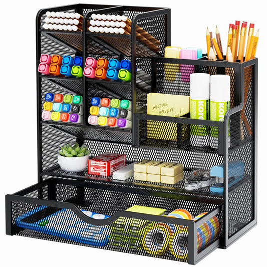 Marbrasse Mesh Desk Organizer with Drawer Multi-Compartment Pen Holder Office Supplies Storage Caddy Black