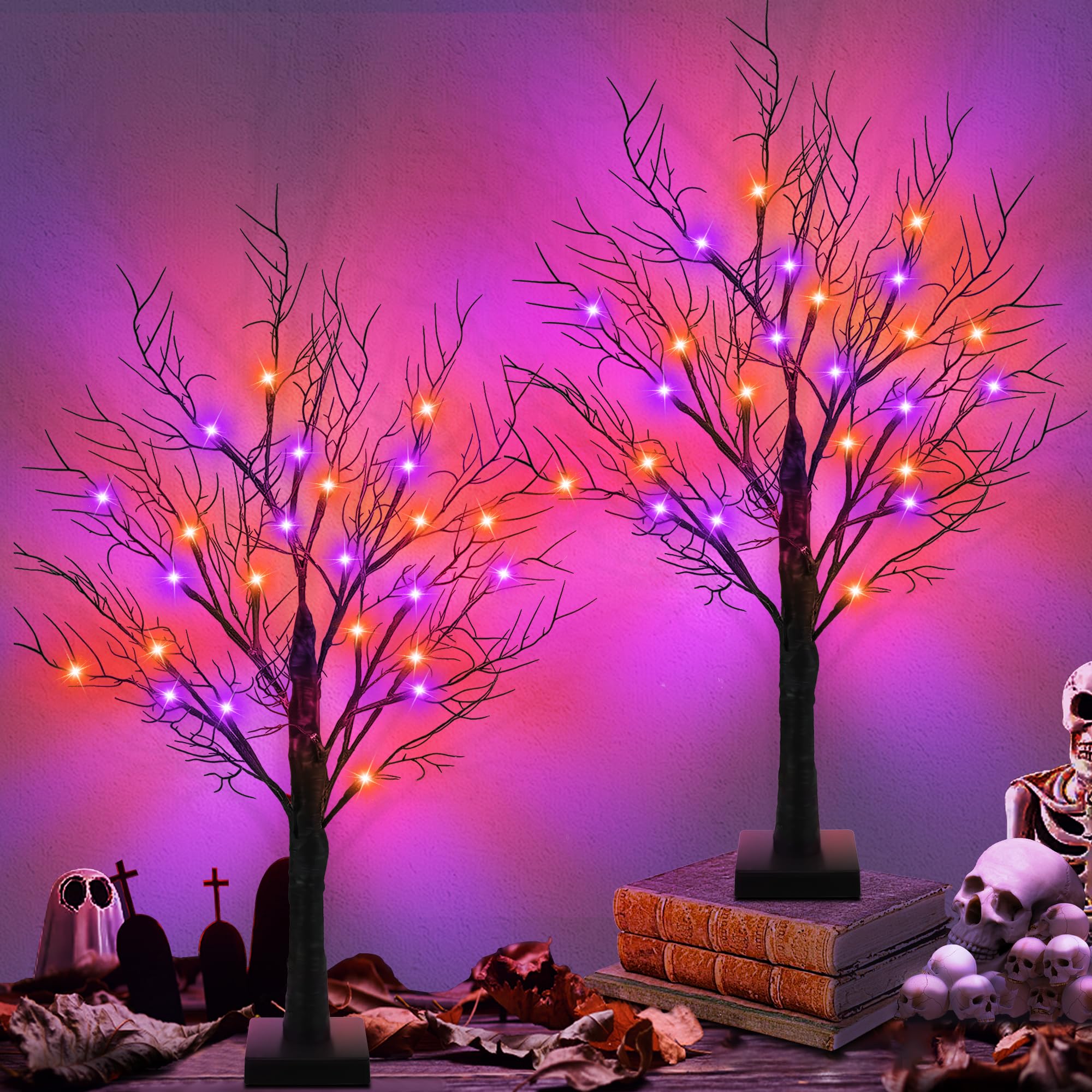 Set of 2 Black Halloween Trees – 24” Light-Up Tabletop Decor with 24 Orange & Purple LED Lights