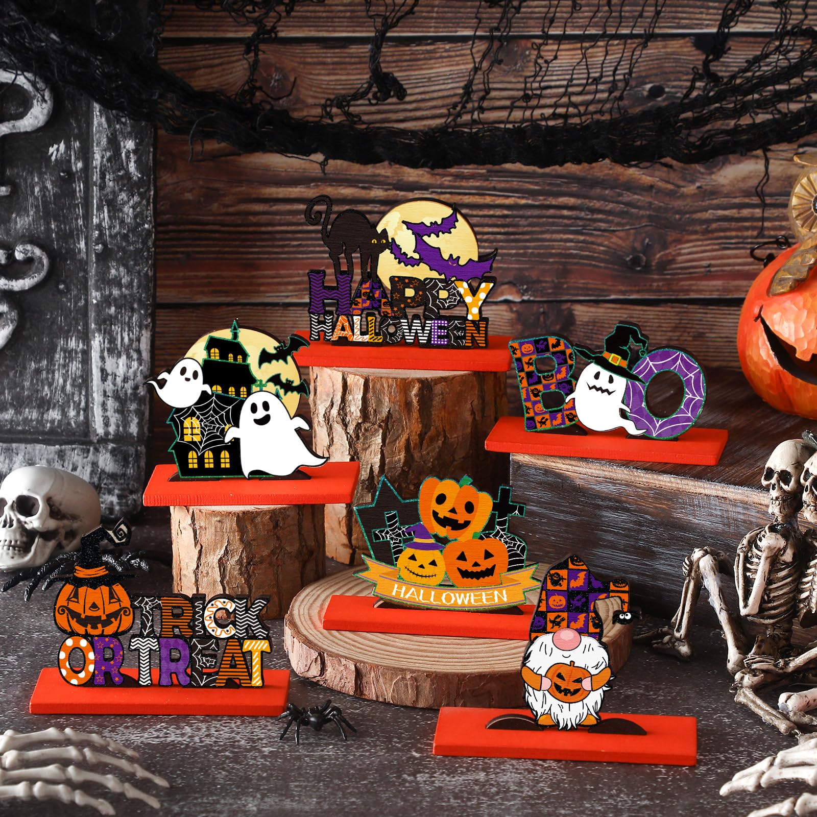 6-Piece Wooden Halloween Table Centerpieces 🎃 Cats, Ghosts & Bats – Festive Multicolor Home Decorations