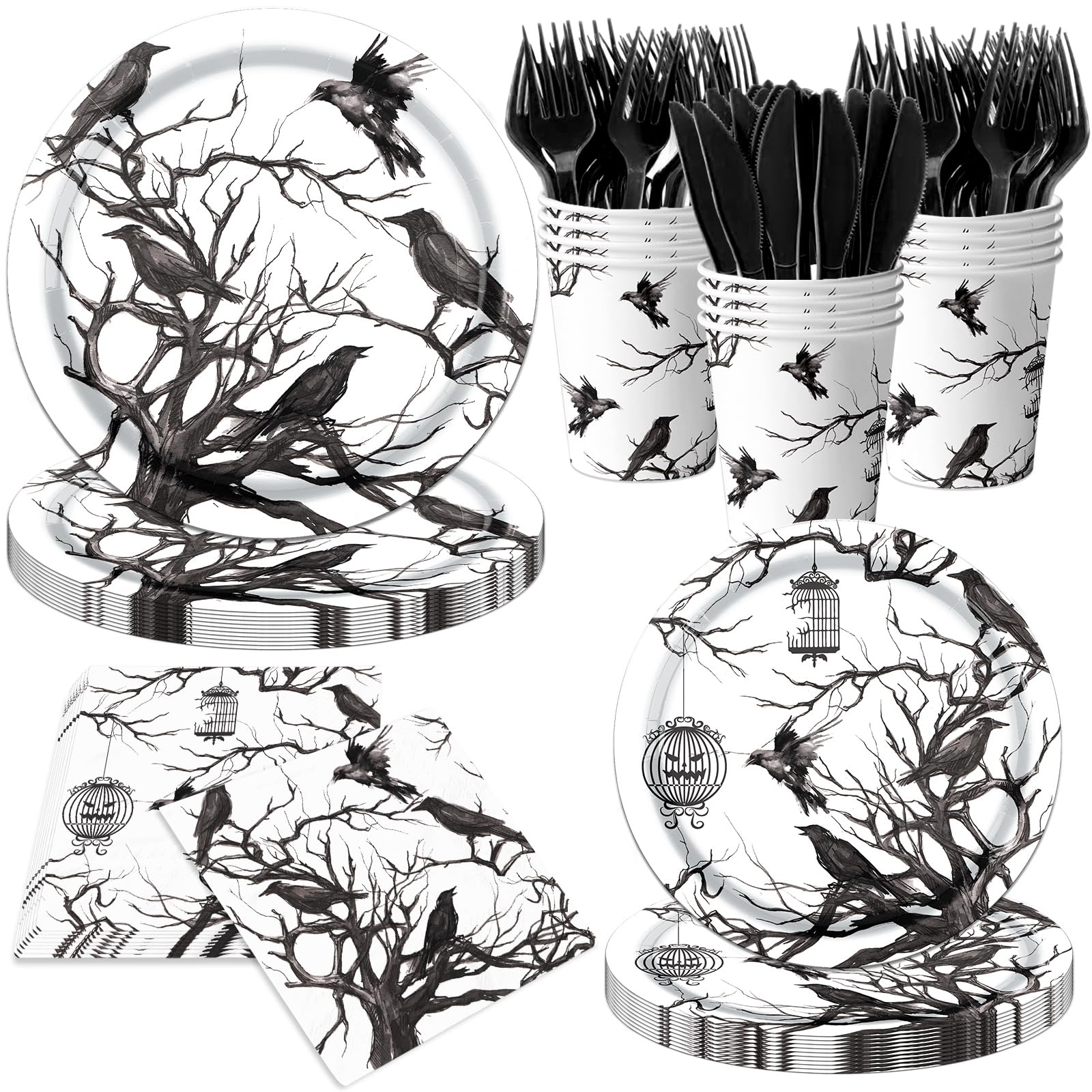 Halloween Crows Party Supplies – 144 Pcs Black & White Plates, Cups, Napkins & Cutlery Set for 24 Guests