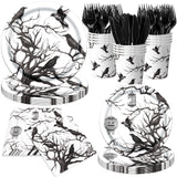 Halloween Crows Party Supplies – 144 Pcs Black & White Plates, Cups, Napkins & Cutlery Set for 24 Guests