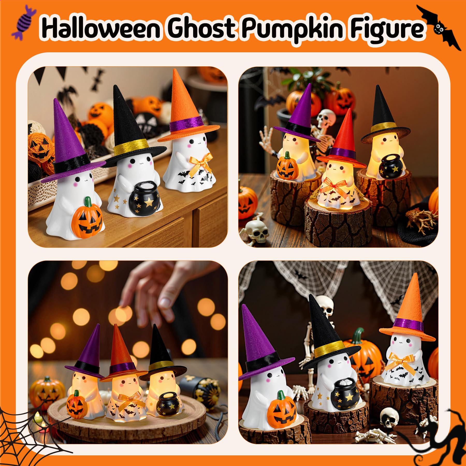 Set of 3 Ceramic Ghost Figurines with Colorful Hats – Cute Halloween Tabletop Decorations for Home, Mantel & Party