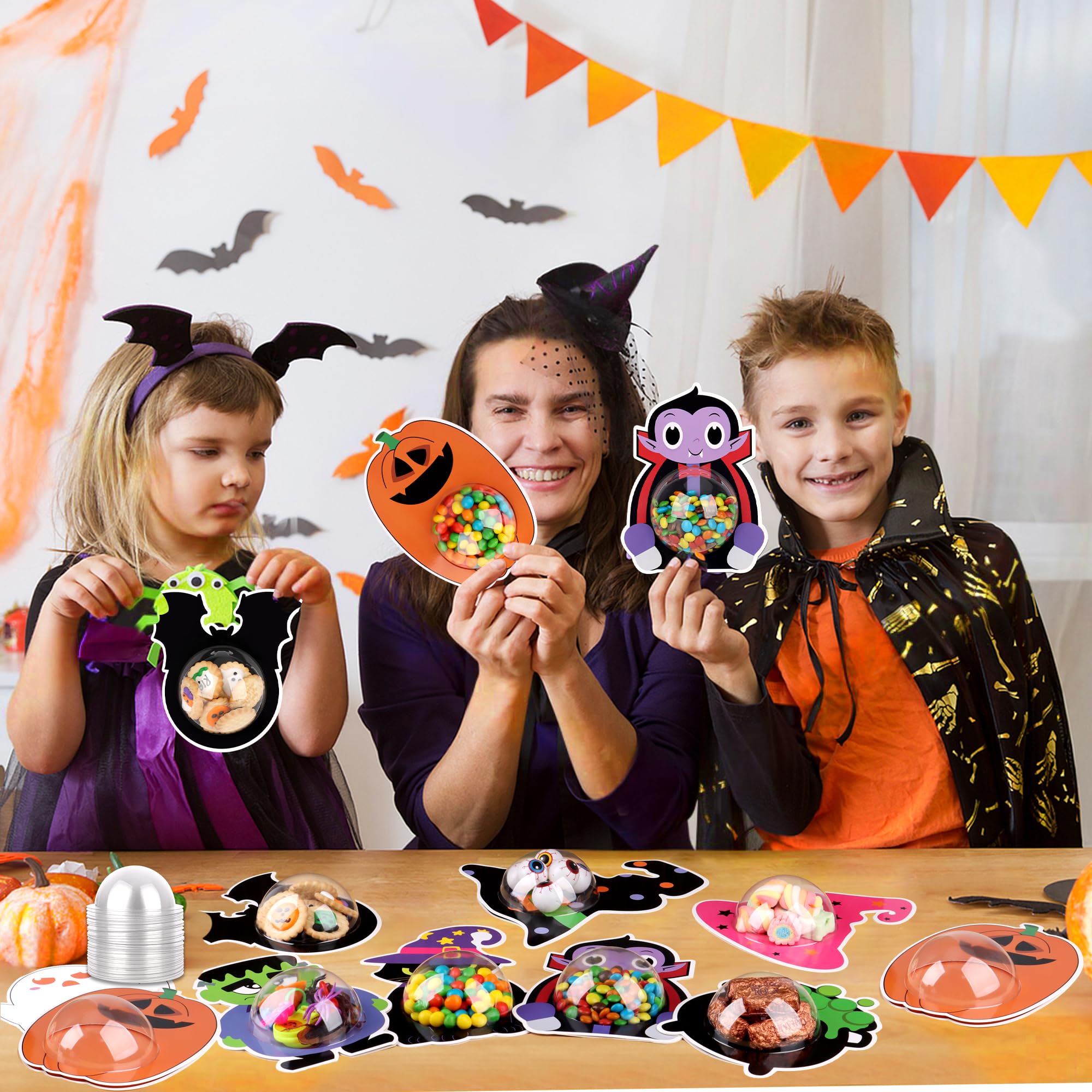 DIY Halloween Candy Holder Greeting Card Kit – 36 Pack Trick-or-Treat Gift Cards with Clear Dome Holders
