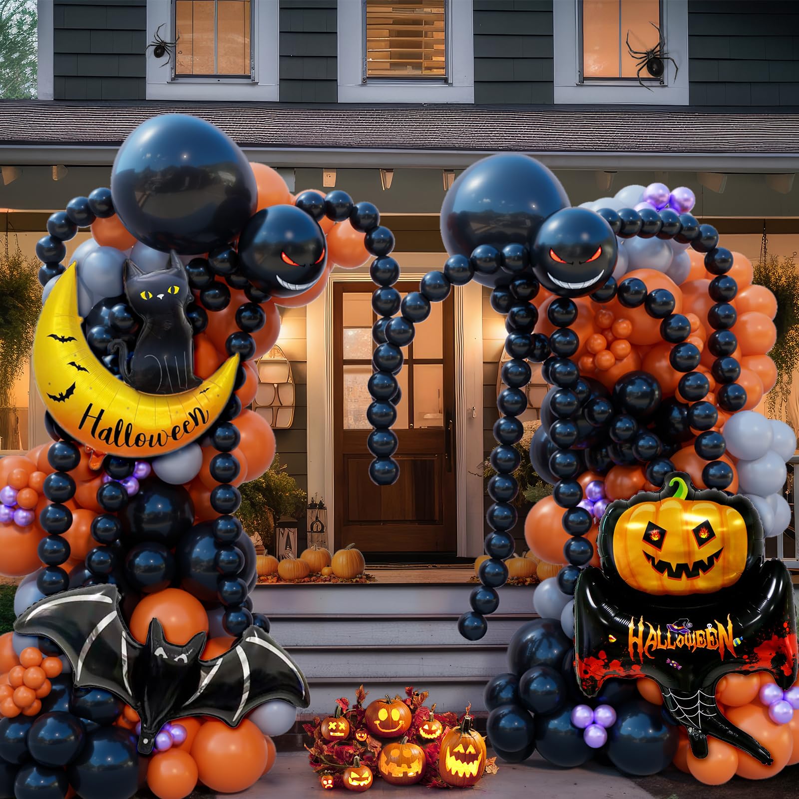 Halloween Balloon Garland Kit – 135pcs Black, Orange, Gray Balloons with Foil Bats, Cat Moon & Accessories