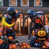 Halloween Balloon Garland Kit – 135pcs Black, Orange, Gray Balloons with Foil Bats, Cat Moon & Accessories